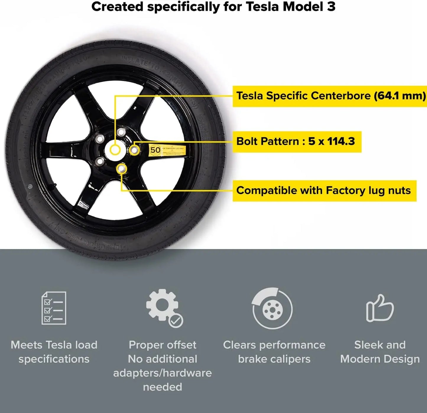 Complete Spare Wheel and Tire - Compatible with 2017+ Tesla Model 3 Long Range & RWD Trims