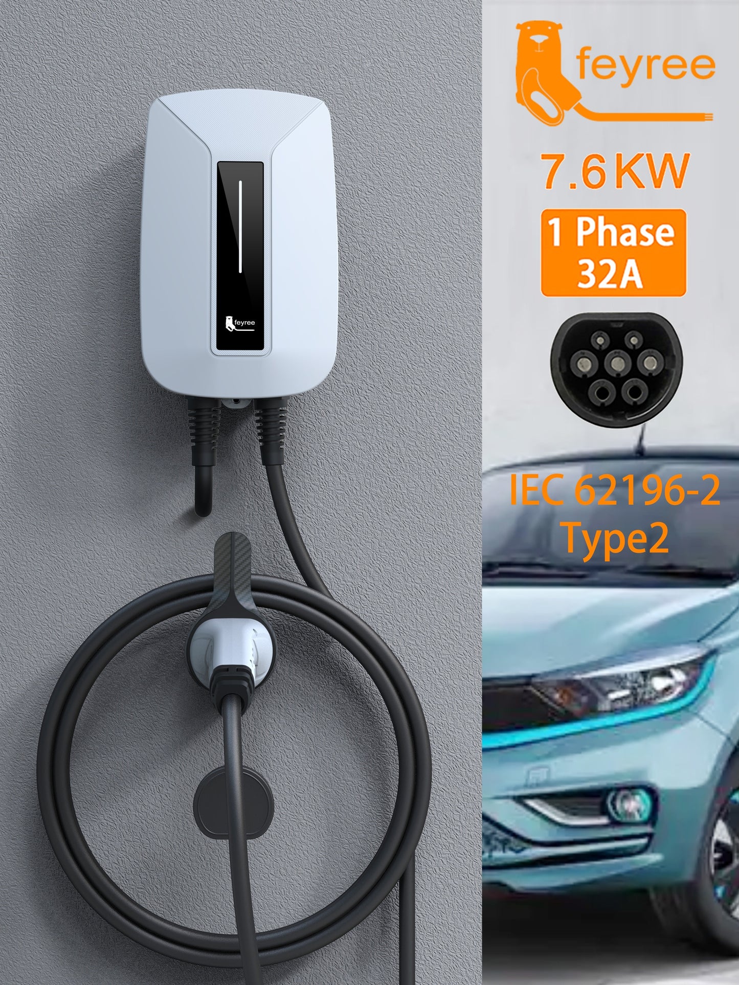 Feyree EV Charger EVSE Wallbox 32A 7KW 1 Phase (Type1) (Type2) (GBT)