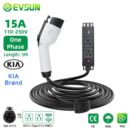 EVSUN Electric Car Side Plug EV Type1 15A Charger Cable US Socket Outdoor