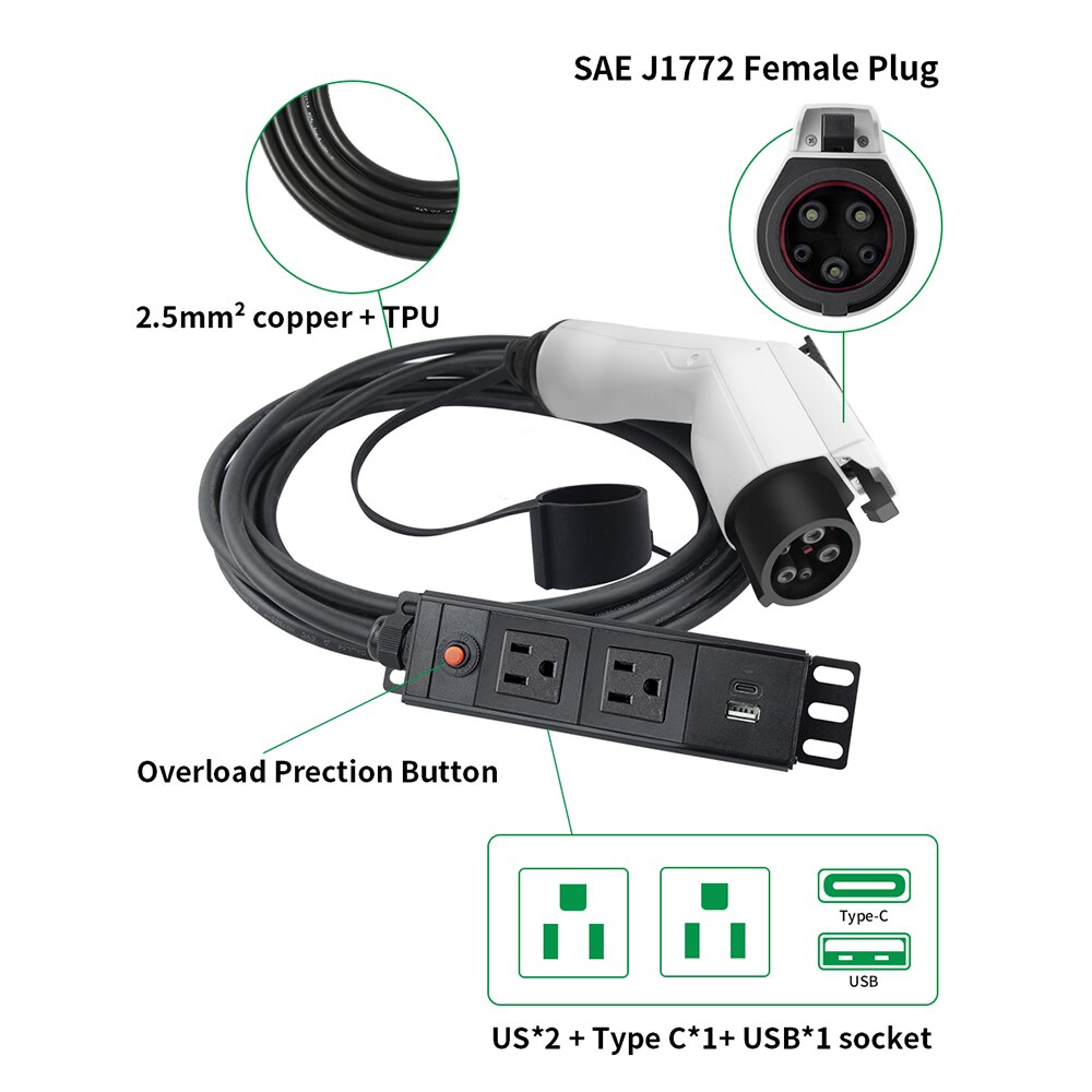 EVSUN Electric Car Side Plug EV Type1 15A Charger Cable US Socket Outd ...
