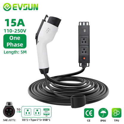 EVSUN Electric Car Side Plug EV Type1 15A Charger Cable US Socket Outdoor